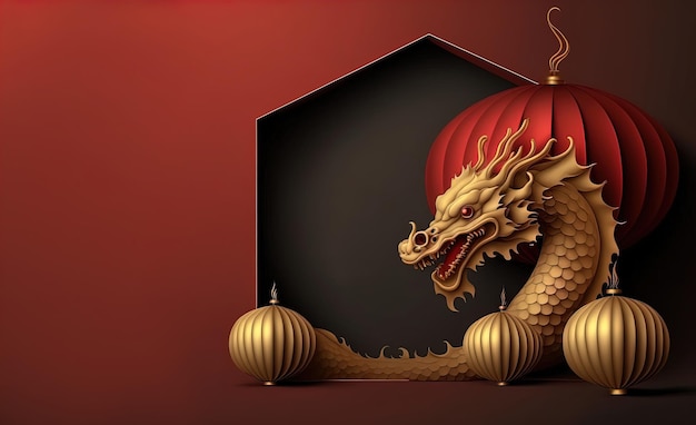 Foto dragão chinês dourado com lanternas de papel em vermelho