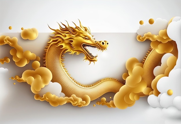Foto dragão chinês dourado com nuvens de papel em amarelo