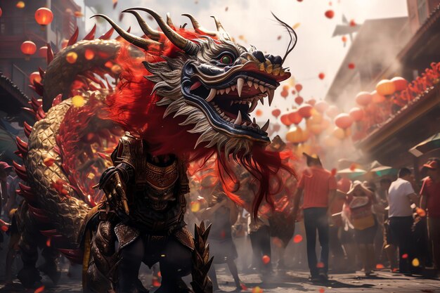 Foto dragão chinês em desfile pano de fundo do ano novo chinês