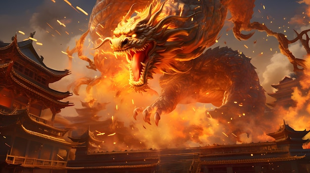 Dragão chinês em fogo com templo chinês em ilustração 3d de fundo