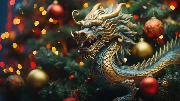Dragão chinês em um fundo de Natal Banner de feriado Ano Novo Chinês 2024 Fundo AI