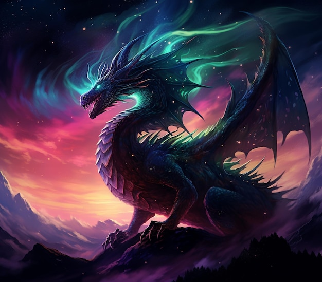 dragão com asas brilhantes e cauda brilhante sentado em uma rocha generativa ai