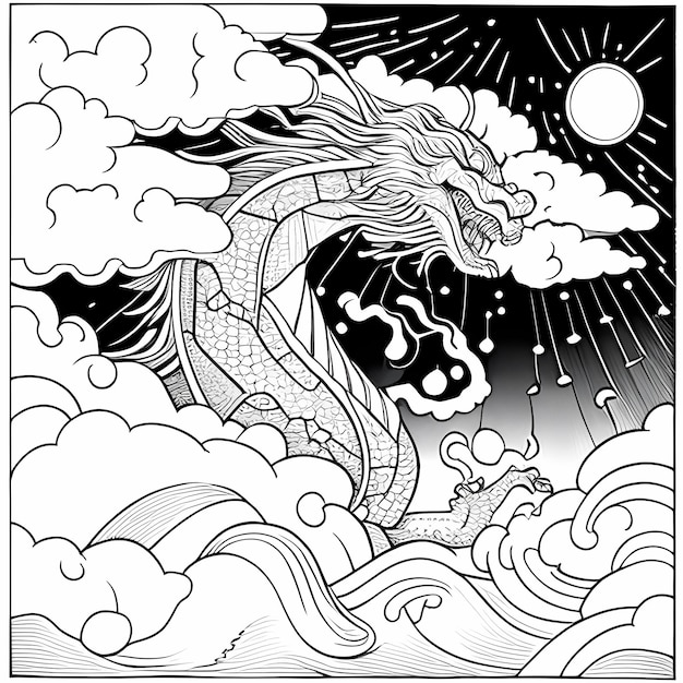 Dragão da Chuva Brilhante Página de colorir de um majestoso dragão chinês