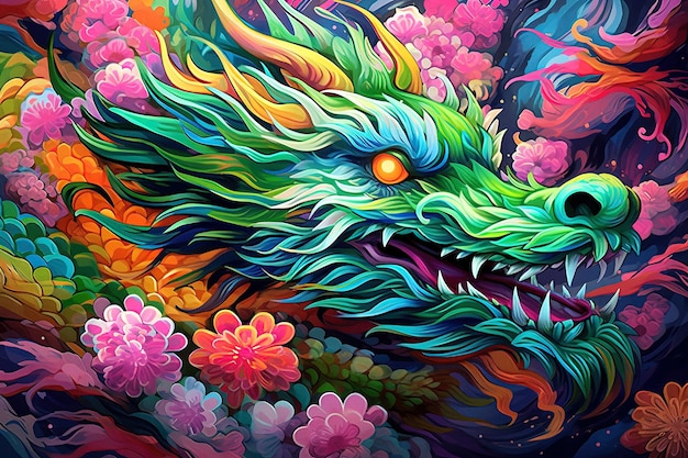 Dragão de fantasia Arte de pintura abstrata Ilustração colorida Cultura asiática