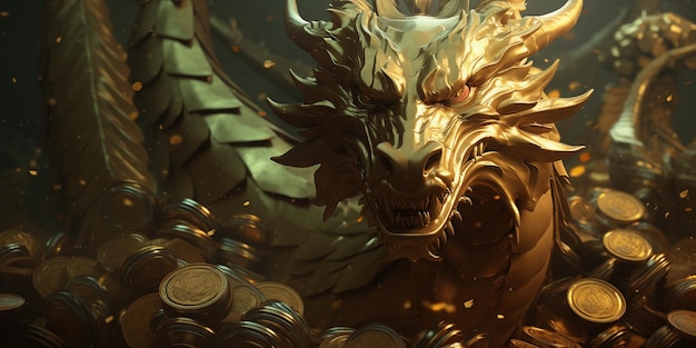 Dragão dourado verde entre pilhas de moedas de ouro protetor de tela ou papel de parede