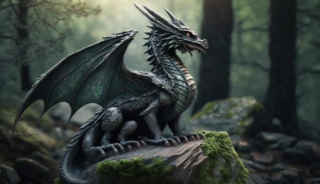 Dragão escuro da floresta com asas sentado na pedra na floresta verde Generative AI