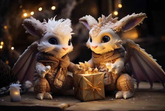 Dragão estão sentados na árvore de Ano Novo segurando pequenos presentes decorados em suas patas