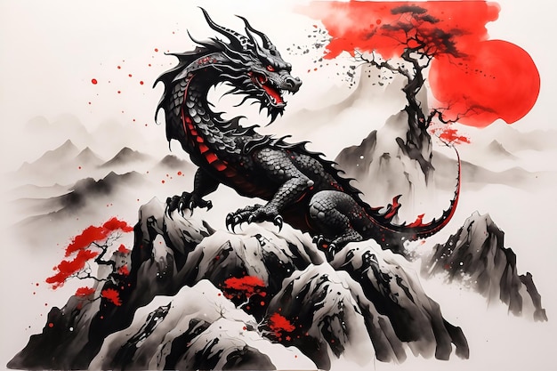 Foto dragão japonês nas montanhas pintura de tinta estilo artístico