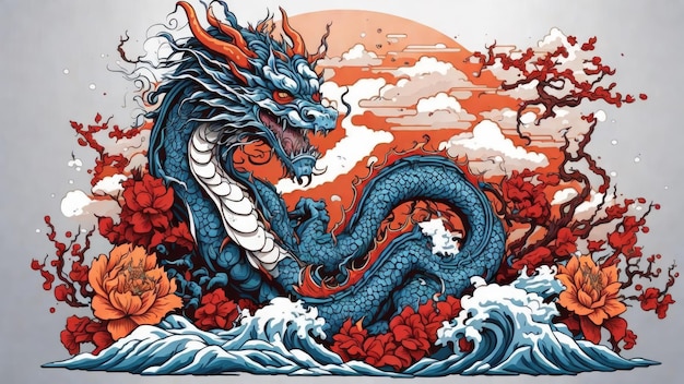 dragão japonês nas ondas