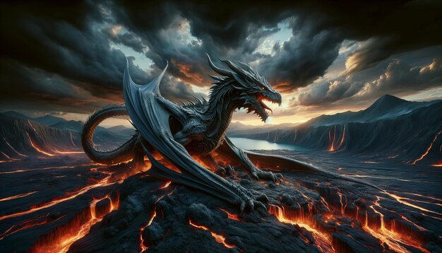 Dragão numa paisagem vulcânica