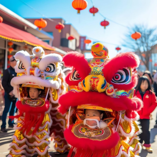 Foto dragão ou leão dança show barongsai em celebração chinês festival de ano novo lunar tradicional asiático