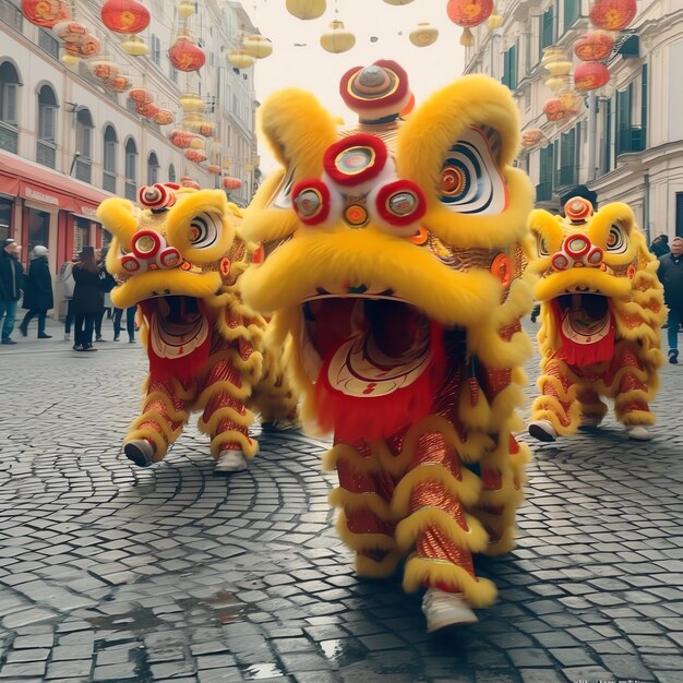 Foto dragão ou leão dança show barongsai em celebração chinês festival de ano novo lunar tradicional asiático