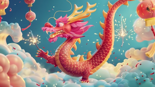 Dragão rosa quente voando acima da fumaça em fundo azul com fogos de artifício e decorações festivas Texto Dragão dourado celebra e dá as boas-vindas ao novo ano