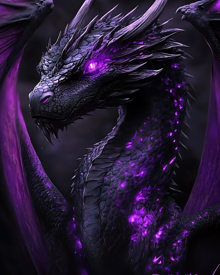 Foto dragão roxo com olhos brilhantes e asas no escuro