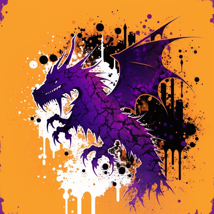 Foto dragão roxo e laranja com splats e um castelo ao fundo generativo ai
