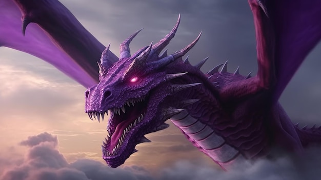 Foto dragão roxo no céu com asas roxas