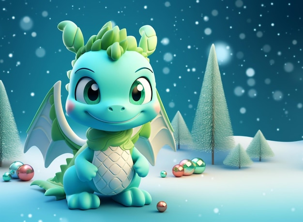 Dragão verde bonito em um fundo de inverno Ilustração 3D Geração de IA