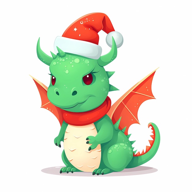 Dragão verde com chapéu de Papai Noel Símbolo do ano novo Personagem de desenho animado aquarela illustra