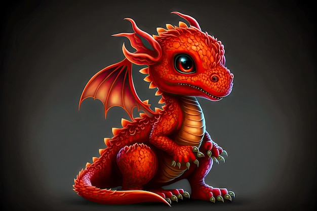 Dragão vermelho de desenho animado em fundo escuro, dragão bonitinho generativo ai