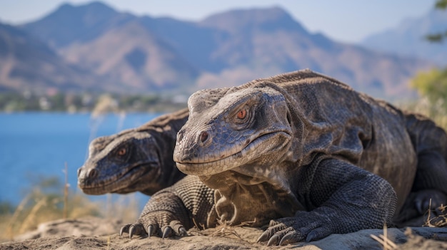 Dragões de Komodo se aquecendo em seu ambiente natural