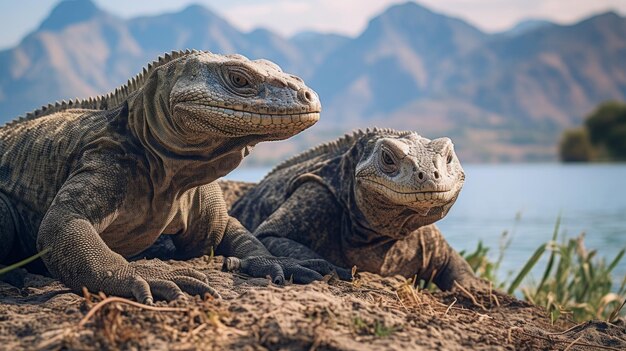 Dragões de Komodo se aquecendo em seu ambiente natural