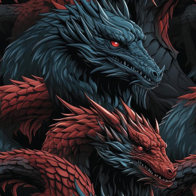 Dragões em um padrão sem costura em um fundo escuro azulejos