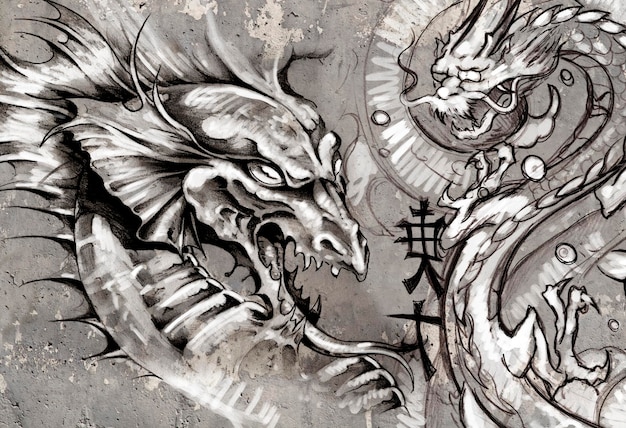 Dragões, ilustração de tatuagem sobre parede cinza