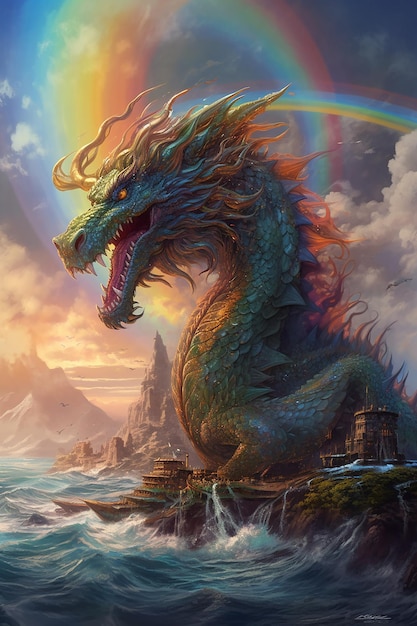 Dragón en el agua con arco iris y nubes.