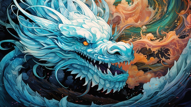 Dragón de agua chino azul con ojos brillantes en estilo de pintura china Arte oriental