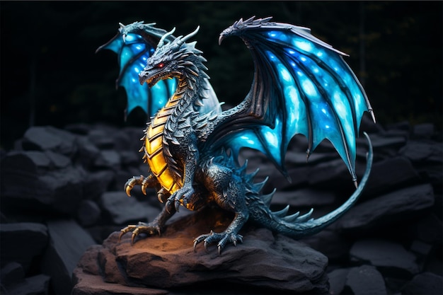 Un dragón con alas azules y doradas se sienta en una roca