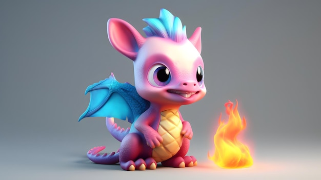 Un dragón con alas azules se encuentra junto a un fuego.