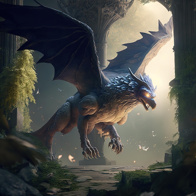Un dragón con alas azules está frente a un bosque.