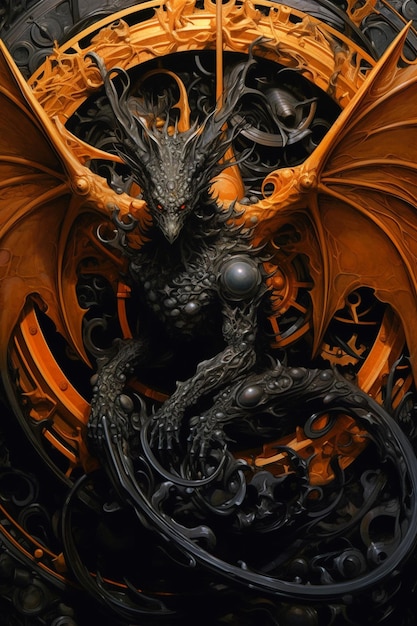 Foto un dragón con alas naranjas y cabeza negra se sienta sobre un diseño circular dorado.