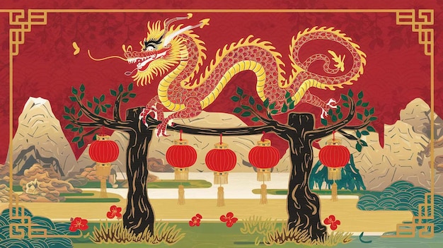 un dragón en un árbol con un fondo rojo con un fondo Rojo