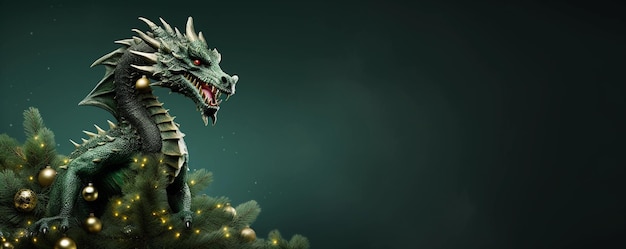 Dragón y árbol de Navidad banner fondo oscuro Símbolo del año nuevo chino 2024 AI generado