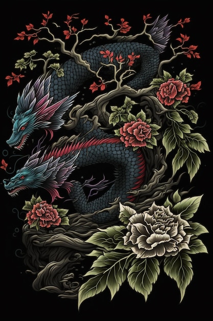 Un dragón y un árbol con rosas.