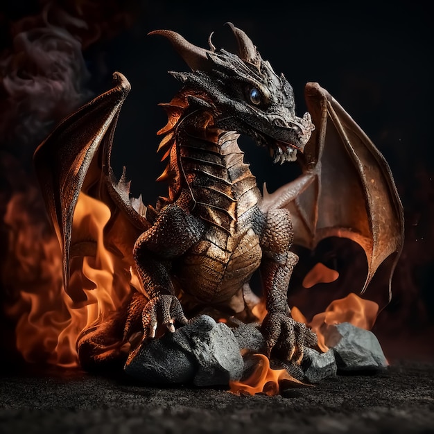 Dragón aterrador con llamas de fuego