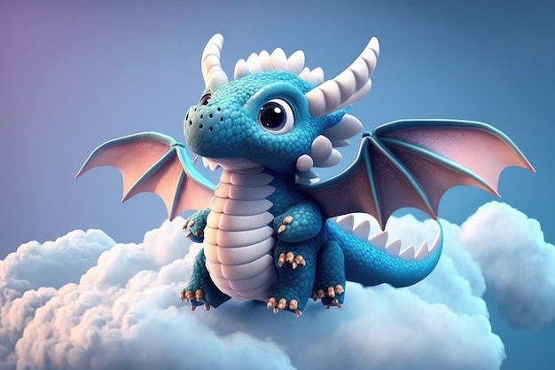 Un dragón azul con alas y alas en una nube.