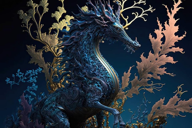 Un dragón azul con una corona en la cabeza.