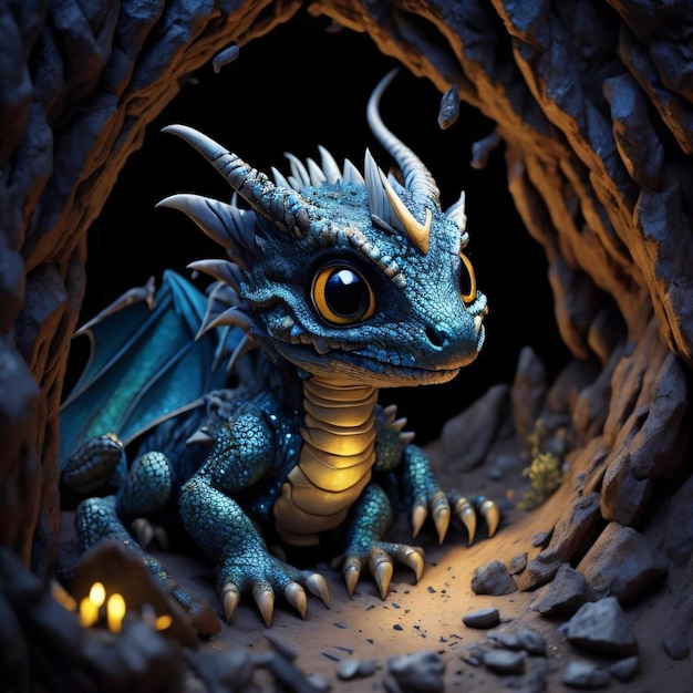 Un dragón azul está en una cueva.