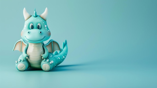 El dragón azul lindo y amistoso sentado sobre un fondo azul El dragón tiene una gran sonrisa en su cara y está mirando a la cámara