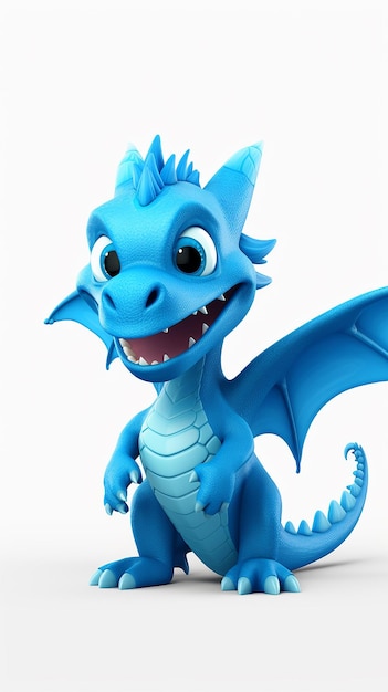 Foto un dragón azul lindo de dibujos animados en 3d sobre un fondo blanco