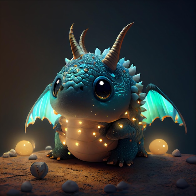 Un dragón azul con luces está sentado sobre una roca.