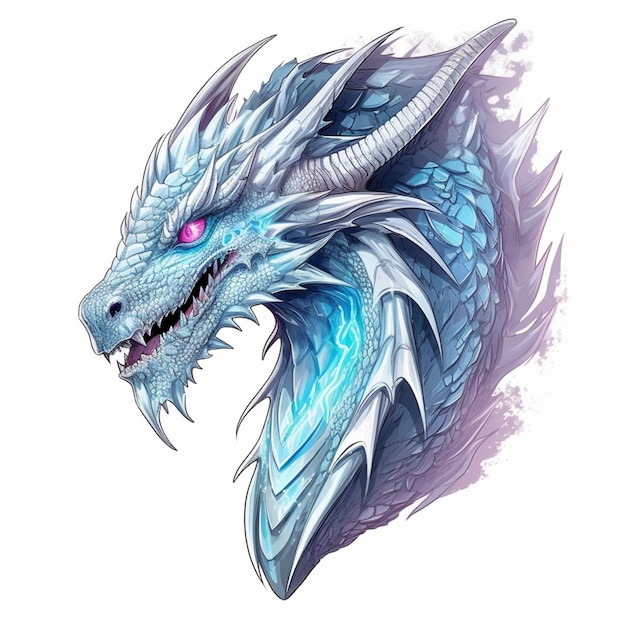 Un dragón azul con un ojo morado y un ojo morado.