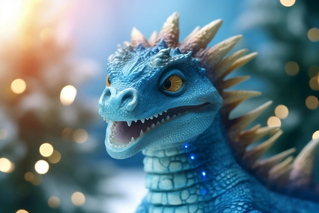 Un dragón azul con ojos azules y ojos azules se para frente a un bosque nevado.