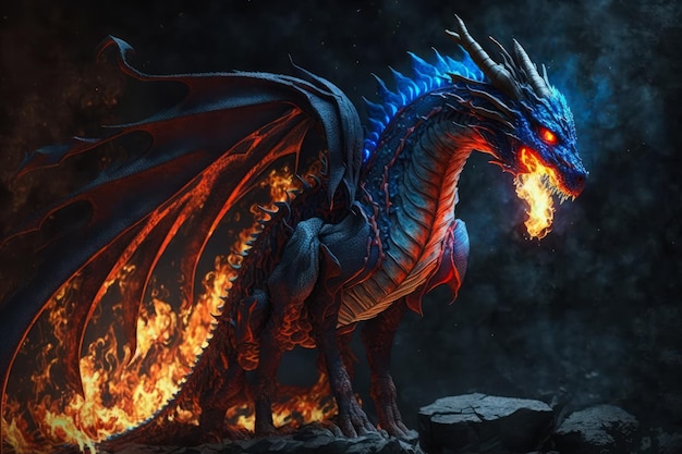 Dragón azul y rojo sentado sobre una roca IA generativa