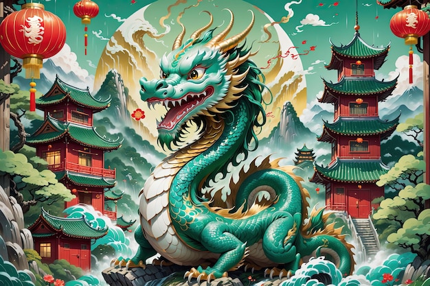 un dragón con una bandera china y una pagoda