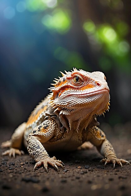 Dragón barbudo en el suelo con fondo borroso