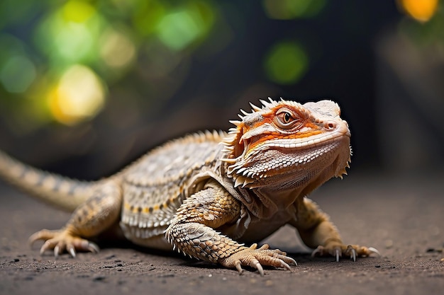 Dragón barbudo en el suelo con fondo borroso