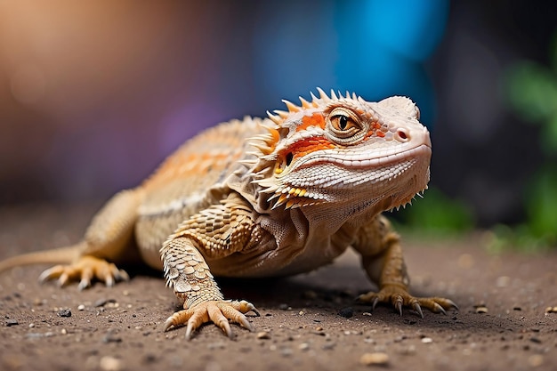 Dragón barbudo en el suelo con fondo borroso